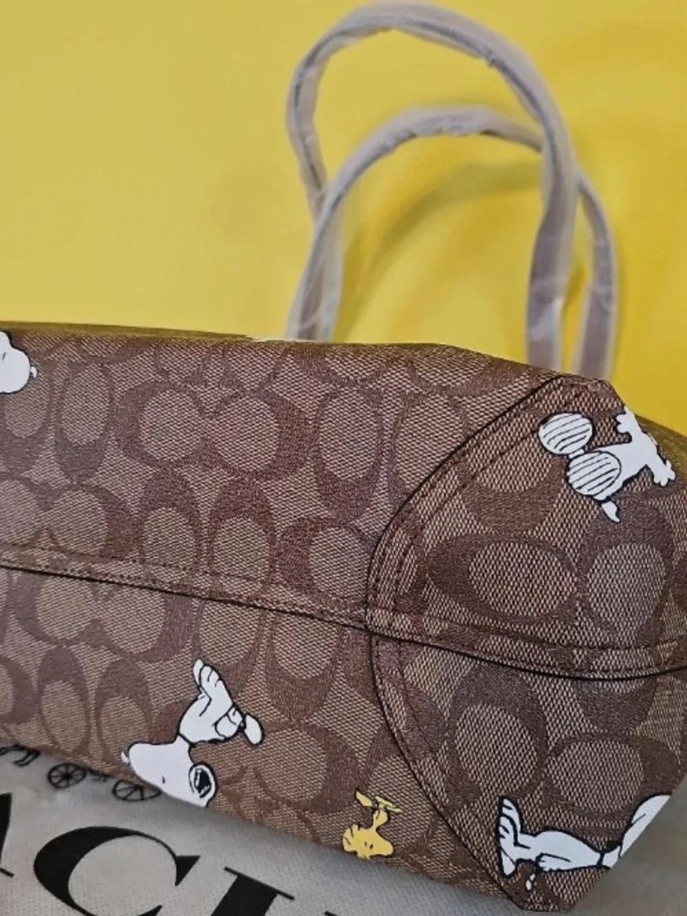COACH Brown Snoopy & Woodstock Signature Canvas Tote with Yellow Tag - Picture 3 of 5
